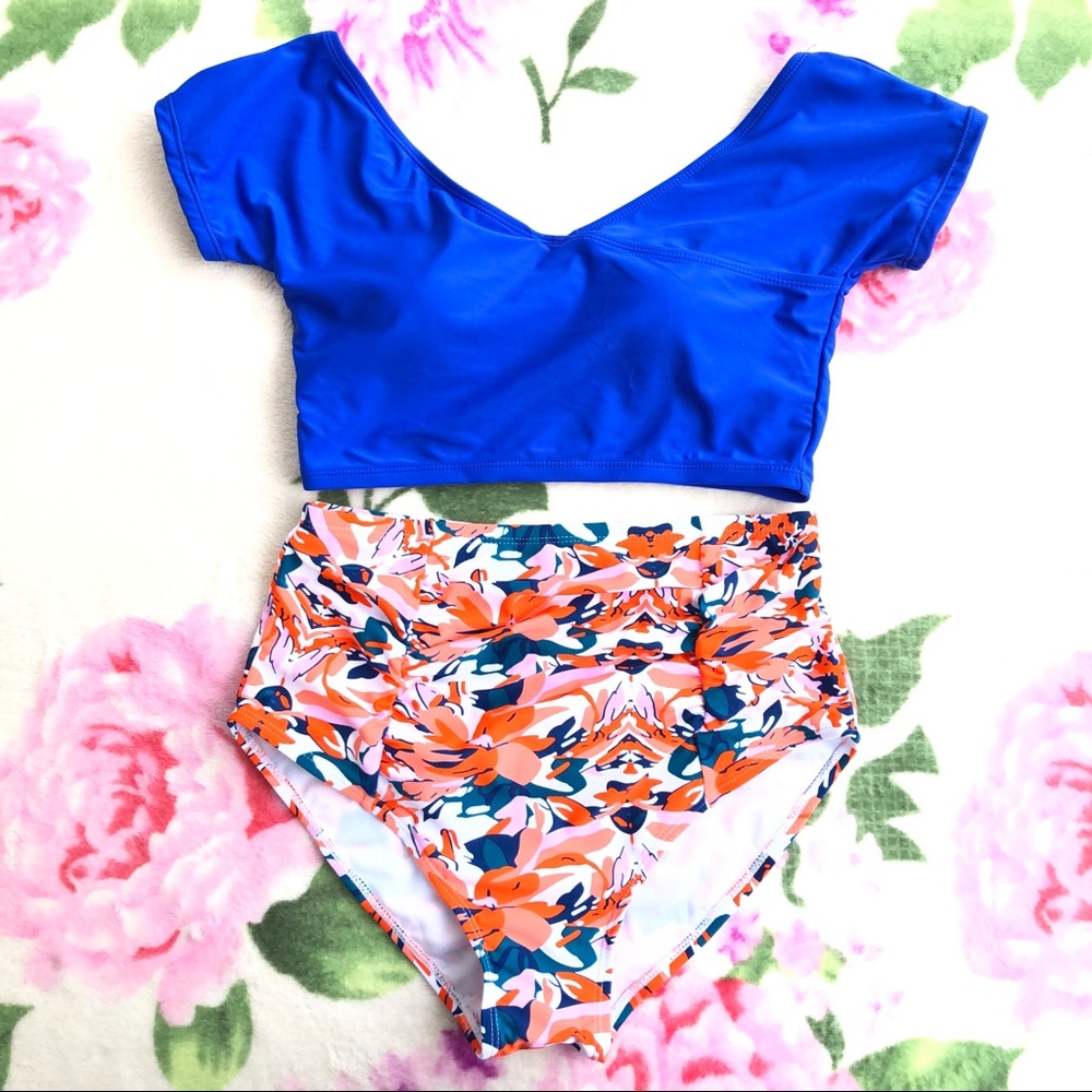 RESTOCKED Maternity Blue/Orange Floral High Waist 2 Piece Swimsuit - Picture 4 of 5